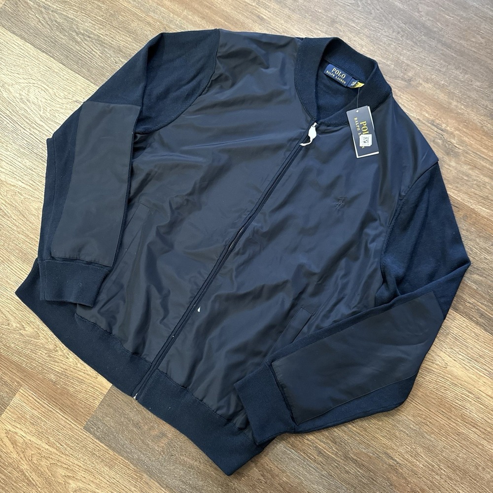 Polo Ralph Lauren Mixed‎ Media Woven Knit Hybrid Bomber Jacket Navy Blue Men XXL